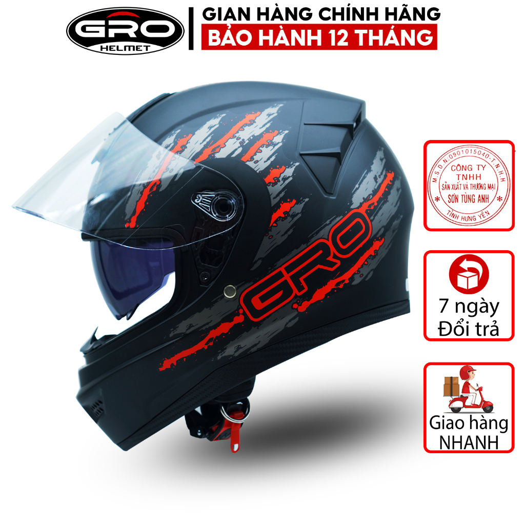 Mũ Bảo Hiểm Fullface GRO Helmet có kính chính hãng, thiết kế 2 kính, kiểu dáng mạnh mẽ cho nam - Tem Đỏ Xám