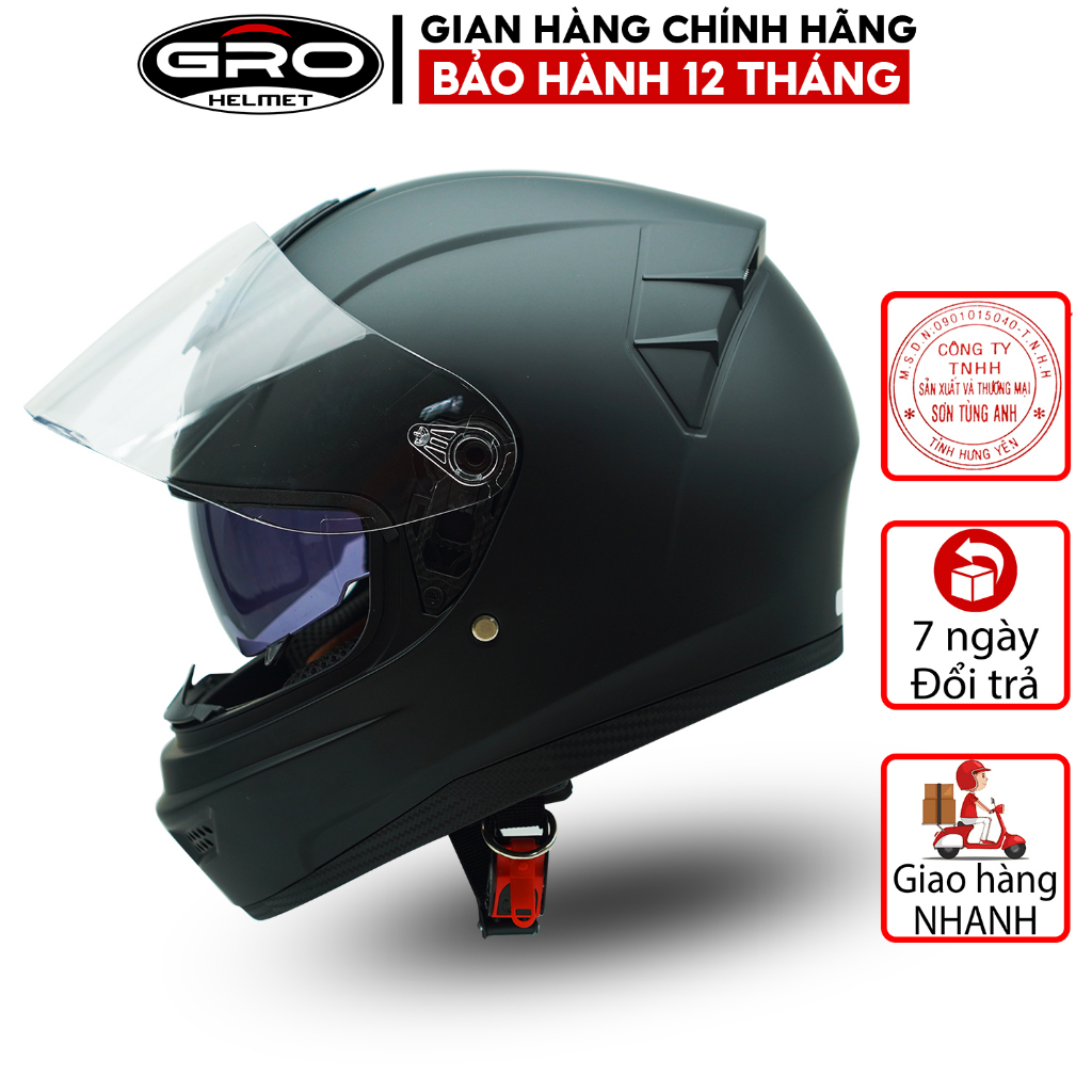 Mũ Bảo Hiểm Fullface GRO Helmet có kính chính hãng, thiết kế 2 kính, kiểu dáng mạnh mẽ cho nam - Đen Nhám