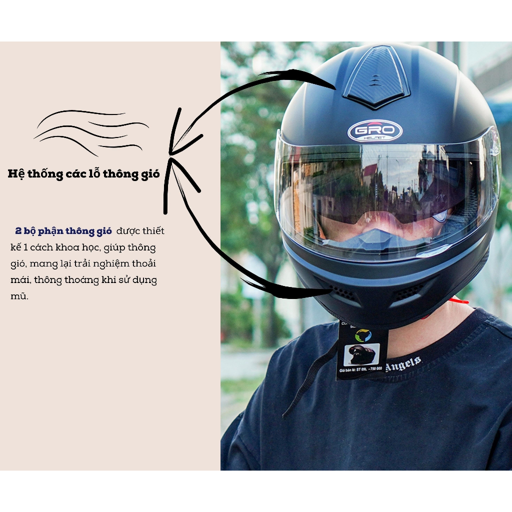 Mũ Bảo Hiểm Fullface GRO Helmet có kính chính hãng, thiết kế 2 kính, kiểu dáng mạnh mẽ cho nam - Nhiều màu