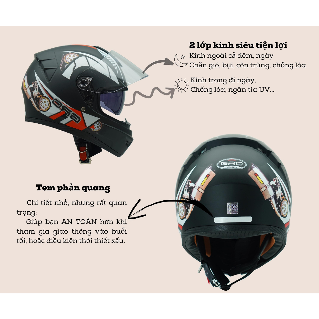 Mũ Bảo Hiểm Fullface GRO Helmet có kính chính hãng, thiết kế 2 kính, kiểu dáng mạnh mẽ cho nam - Nhiều màu