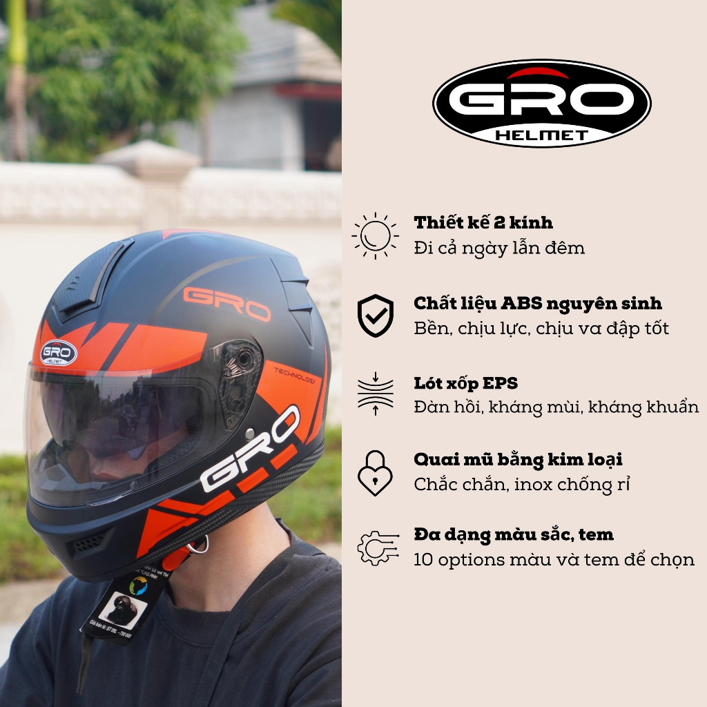 Mũ Bảo Hiểm Fullface GRO Helmet có kính chính hãng, thiết kế 2 kính, kiểu dáng mạnh mẽ cho nam - Nhiều màu