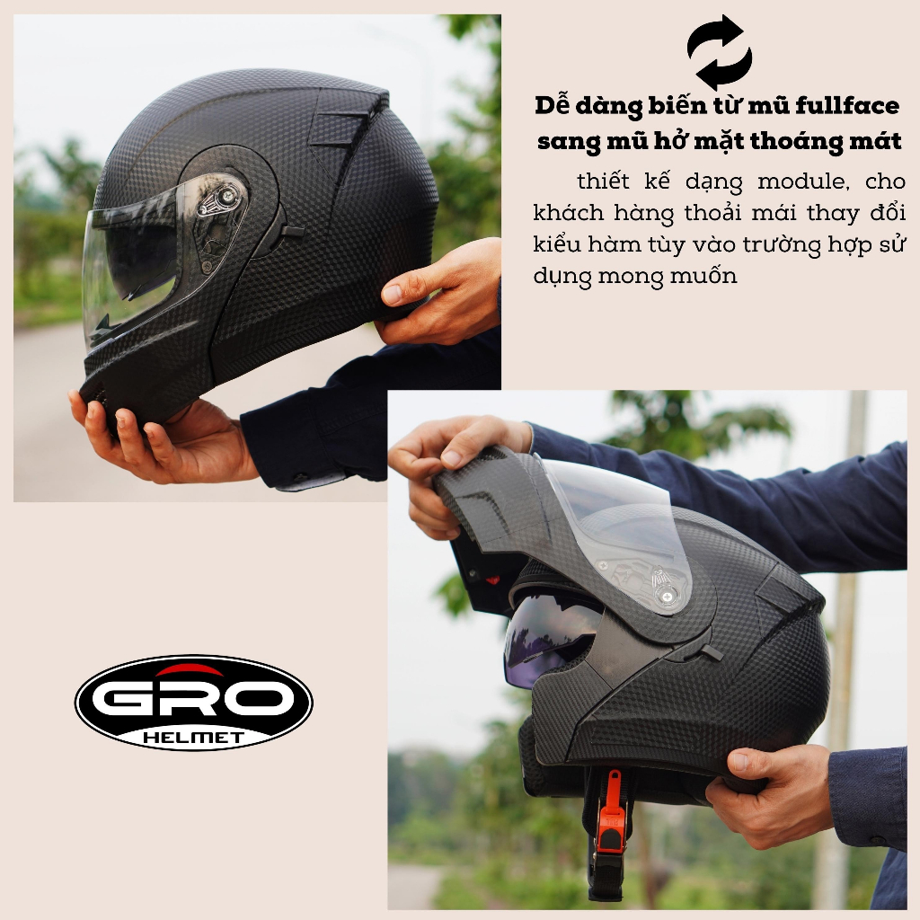 Mũ Bảo Hiểm Fullface GRO Helmet Vân Cacbon, mũ phượt thiết kế 2 kính lật hàm, khóa kim loại chắc chắn