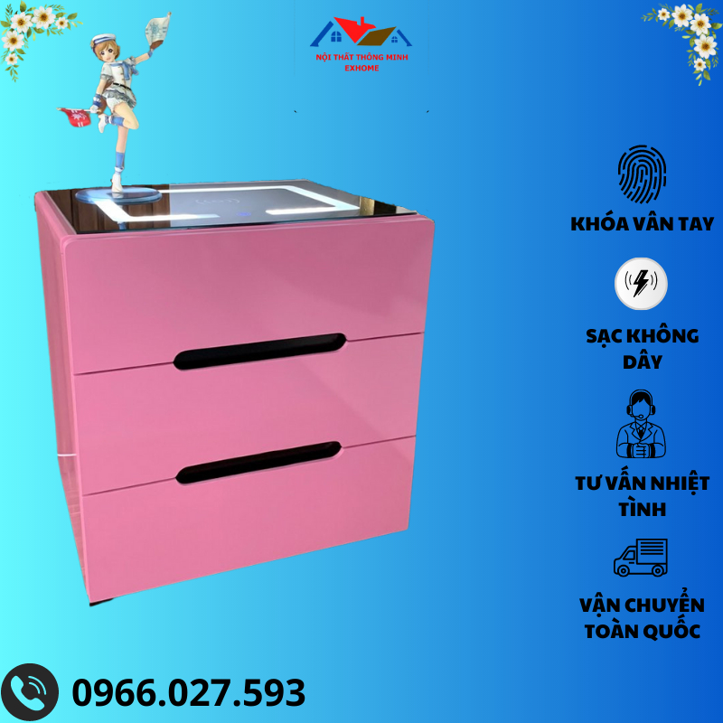 Tủ Đầu Giường, Táp Đầu Giường Thông Minh Có Khóa Vân Tay,Sạc Điện Thoại Không Dây, Đèn Led 3 màu Chế Độ Cảm Ứng