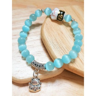 Chuỗi vòng tay đá mắt mèo charm mèo Thần Tài 8ly