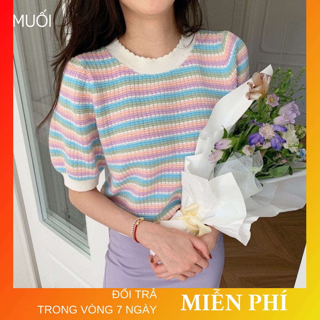 Áo len dệt kim phối màu cầu vồng cổ tròn MUỐI Aolenmong0050