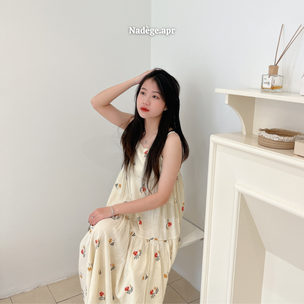 𝐒𝐭𝐚𝐭𝐢𝐜𝐞 𝐒𝐮𝐧𝐝𝐫𝐞𝐬𝐬 🌸 Váy ngủ hai dây chất đũi thoáng mát, mát mẻ hoa nhí - Nadege.apr