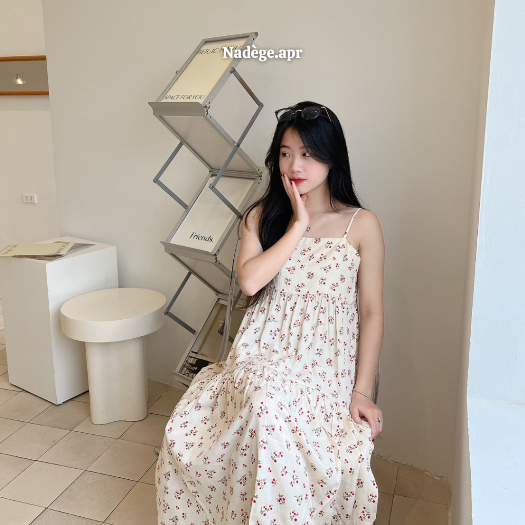 𝐒𝐭𝐚𝐭𝐢𝐜𝐞 𝐒𝐮𝐧𝐝𝐫𝐞𝐬𝐬 🌸 Váy ngủ hai dây chất đũi thoáng mát, mát mẻ hoa nhí - Nadege.apr