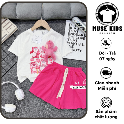 Bộ quần áo phông cộc tay cho bé gái họa tiết gấu chất vải cotton mềm siêu xinh mặc hè