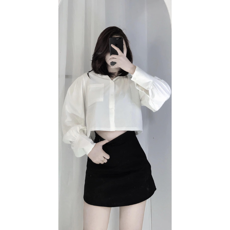 Áo Croptop Sơ Mi Tay Dài 1 Túi