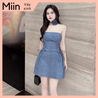 Váy cúp denim đan eo hoa cổ