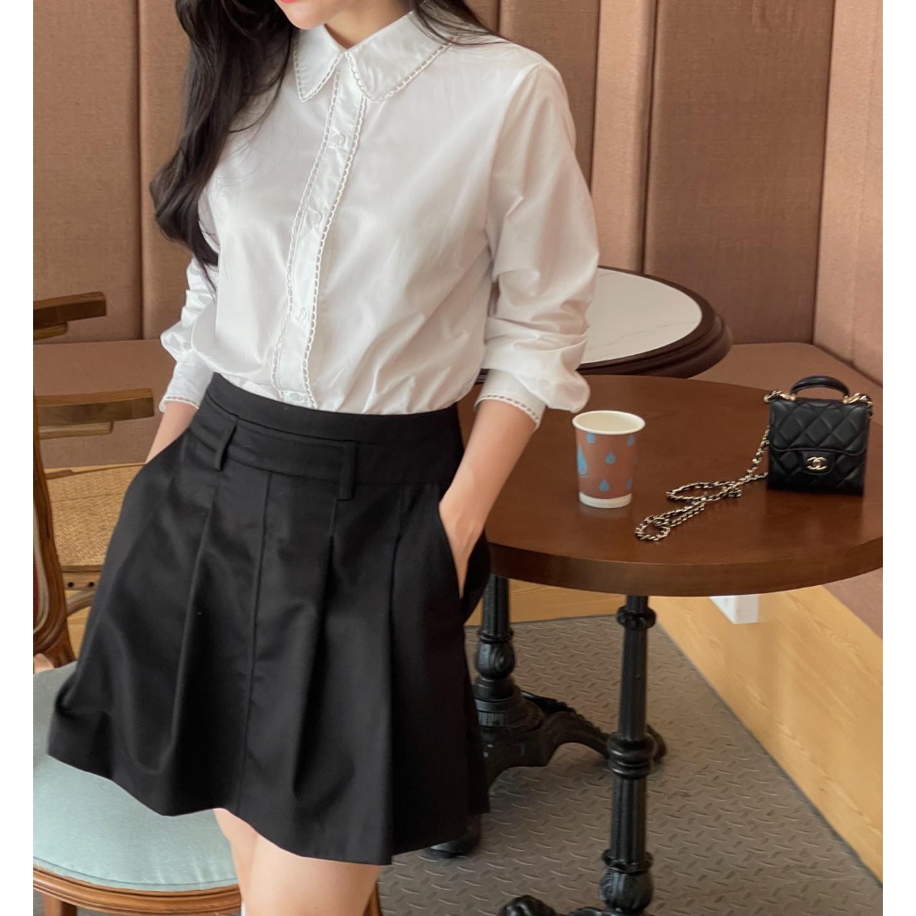 Sơ mi dài tay bo ren viền Hàn Quốc