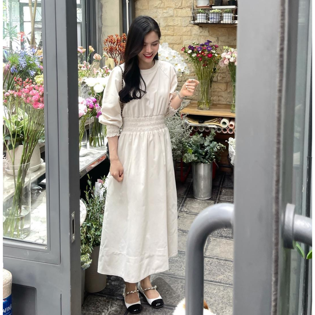 Váy dài chun eo bo tay Hàn Quốc
