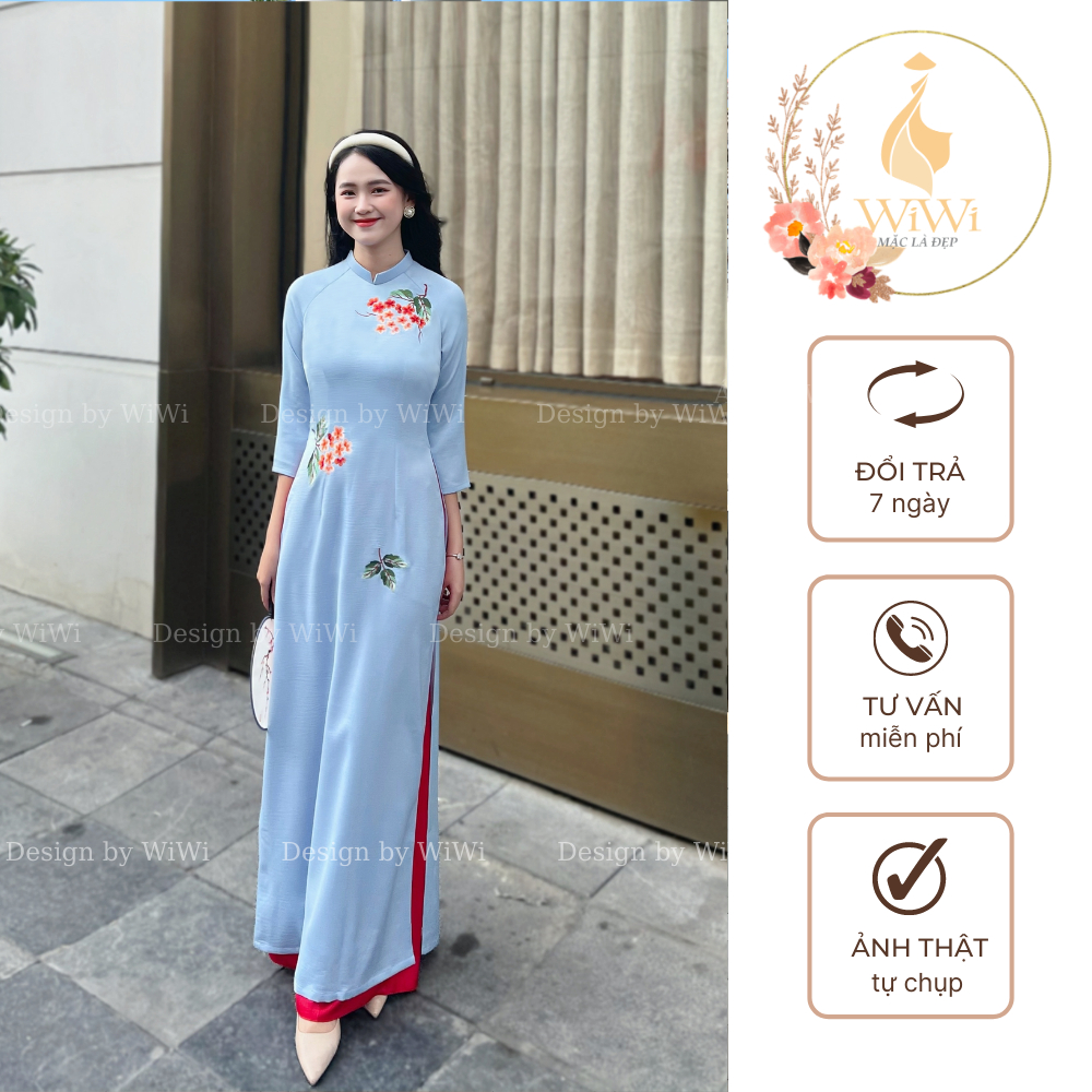 Áo dài truyền thống nữ thêu chùm hoa nhỏ vải lụa tây thi, Áo dài cao cấp may sẵn mặc dự tiệc lễ tết đẹp