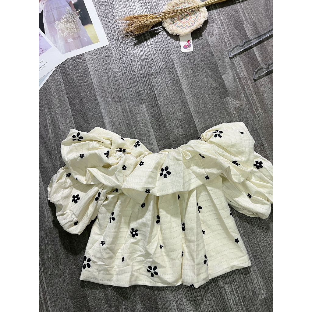 Áo kiểu trễ bẹt vai nữ, áo không mút nhún hoa nhí G44