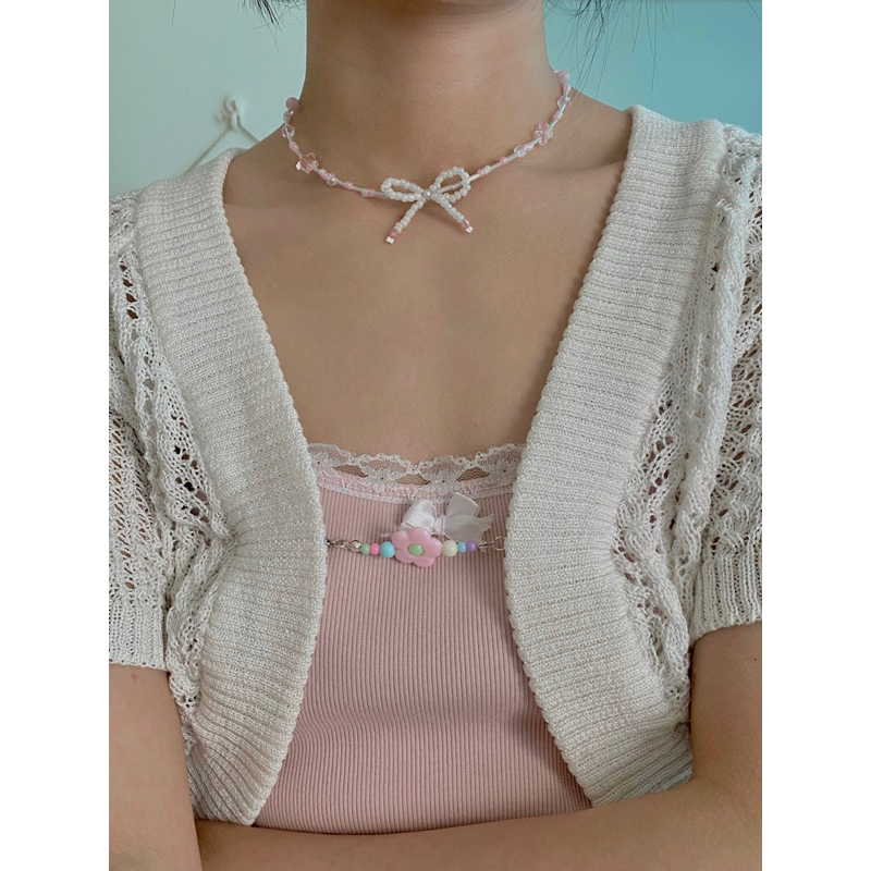 Dây chuyền hạt cườm hoạ tiết nơ phong cách y2k