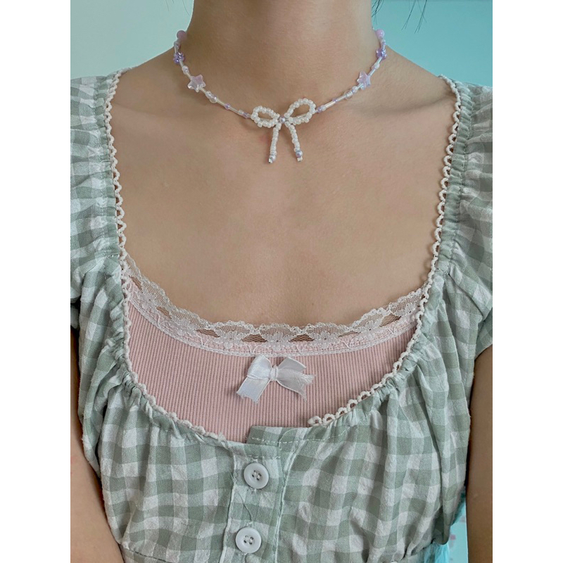 Dây chuyền hạt cườm hoạ tiết nơ phong cách y2k