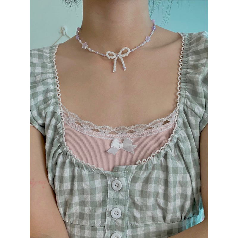 Dây chuyền hạt cườm hoạ tiết nơ phong cách y2k