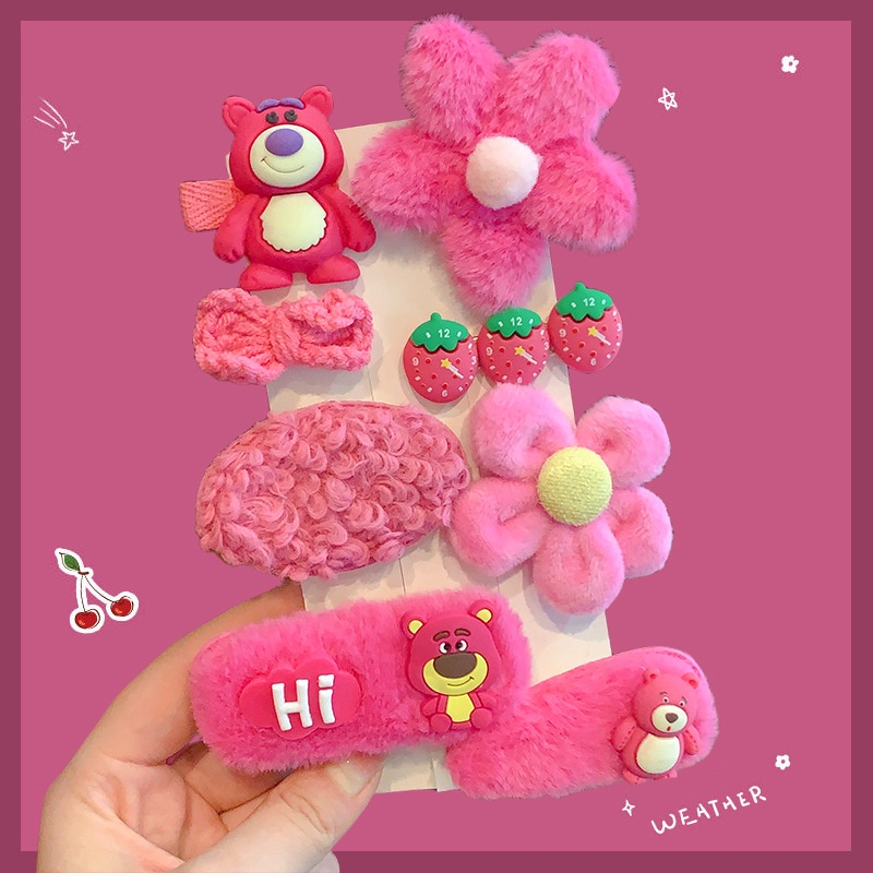 Set kẹp tóc mái gấu dâu - Set kẹp tóc cho bé gái cute màu hồng 8 cái gấu lotso Saka