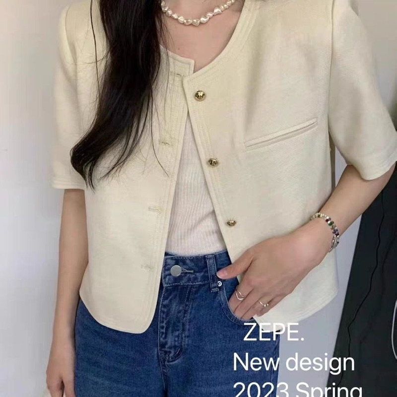 _Kèm ảnh cận chất_ Áo blazer cổ tròn cúc tròn basic dễ mặc