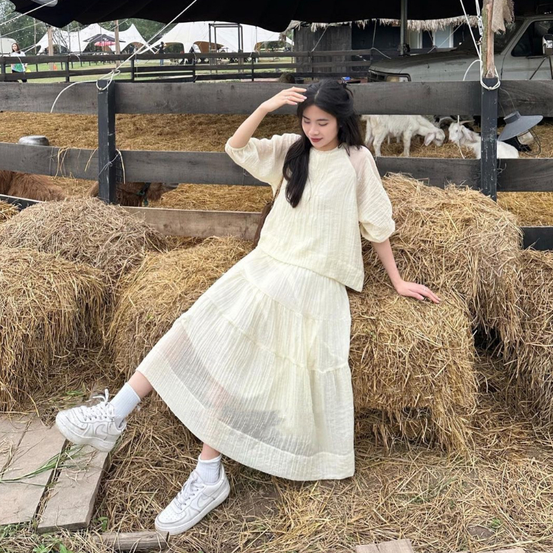 Set áo babydoll voan li ngực kèm chân váy dài phong cách Hàn Quốc new 2023