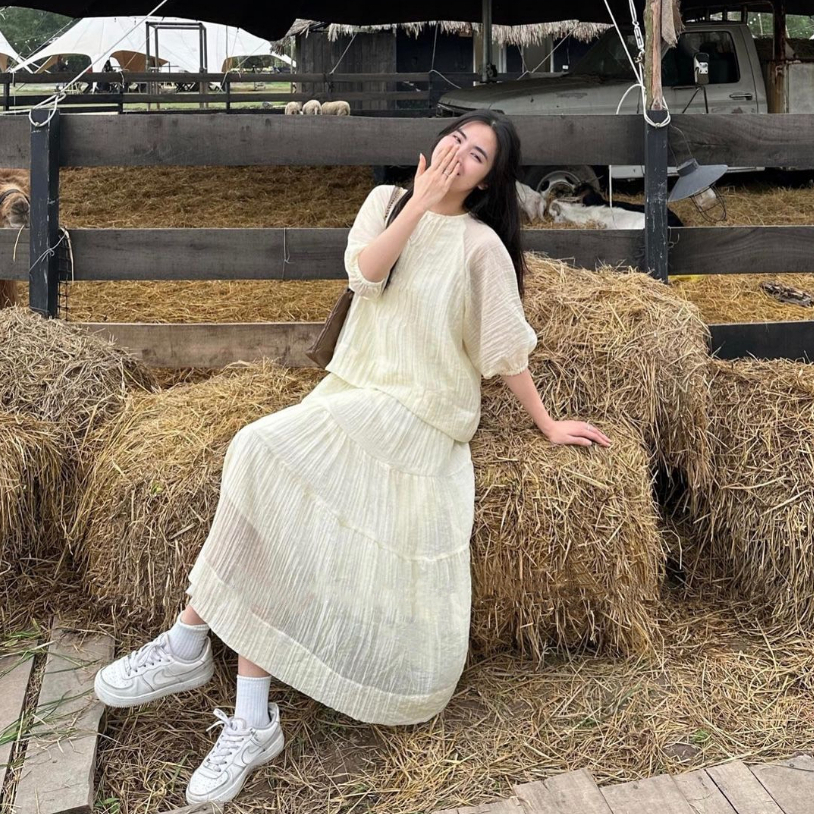 Set áo babydoll voan li ngực kèm chân váy dài phong cách Hàn Quốc new 2023