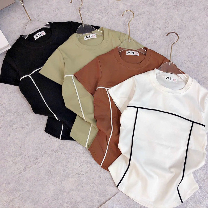 Áo thun body tay ngắn cổ tròn phối viền