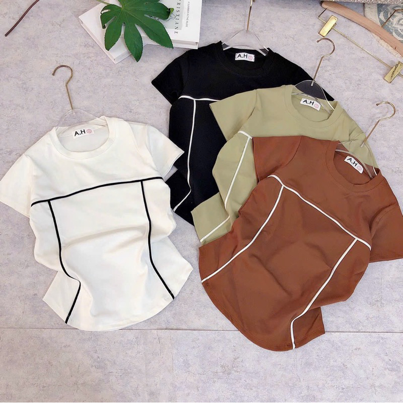 Áo thun body tay ngắn cổ tròn phối viền