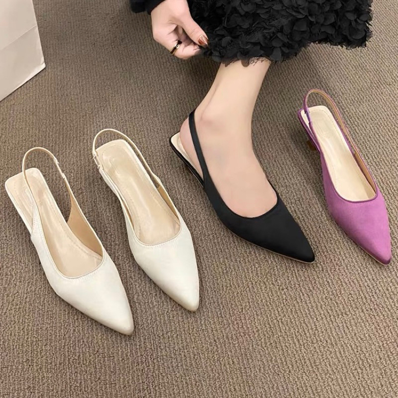 Giày sandal nữ mũi nhọn hở gót đế cao 4cm da trơn