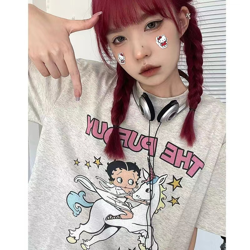 🧡GGLOCAL🧡Áo Thun Tay Ngắn Dáng Rộng In Họa Tiết Hoạt Hình Phong Cách Điển Thời Trang Cho Nữ