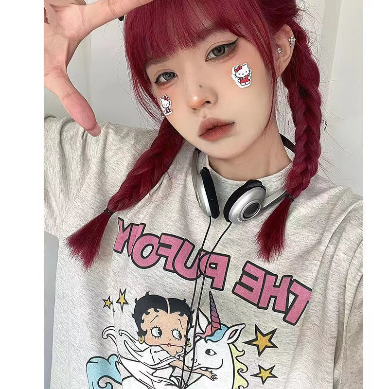 🧡GGLOCAL🧡Áo Thun Tay Ngắn Dáng Rộng In Họa Tiết Hoạt Hình Phong Cách Điển Thời Trang Cho Nữ