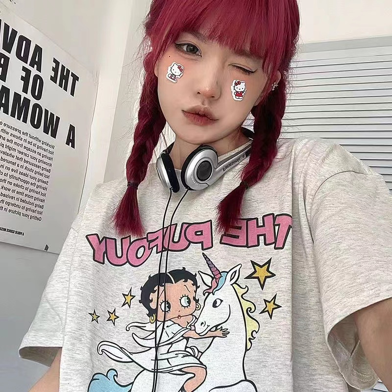 🧡GGLOCAL🧡Áo Thun Tay Ngắn Dáng Rộng In Họa Tiết Hoạt Hình Phong Cách Điển Thời Trang Cho Nữ