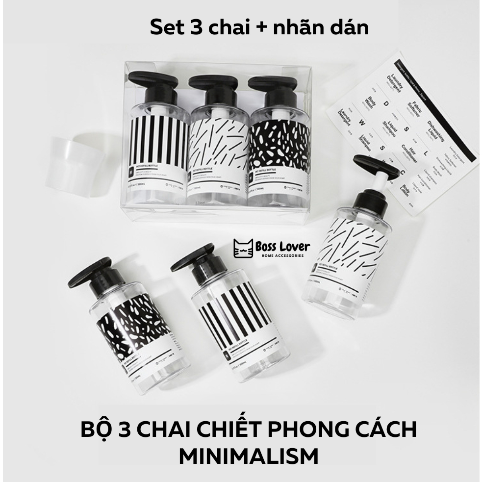 Bộ 3 chai chiết dầu gội, sữa tắm phong cách Minimalism kèm set nhãn dán