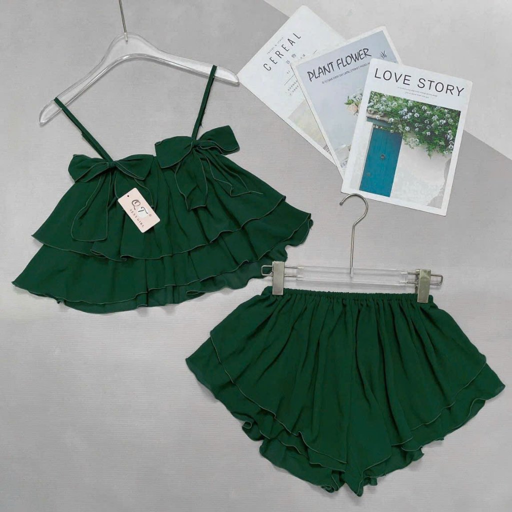 Set Đồ ngủ 2 dây đính nơ xếp tầng mix quần đùi xòe xếp ly cutte, thích hợp mặc ở nhà, dạo phố cực xinh xắn siêu HOTHIT