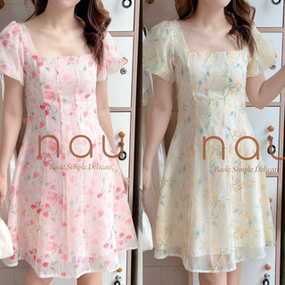 Đầm voan hoa cổ vuông phối dây