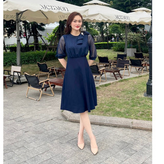 Váy nữ công sở sang trọng chất mango phối voan hạt nổi 2 lớp lịch sự, nhẹ mát Emvy Fashion K49