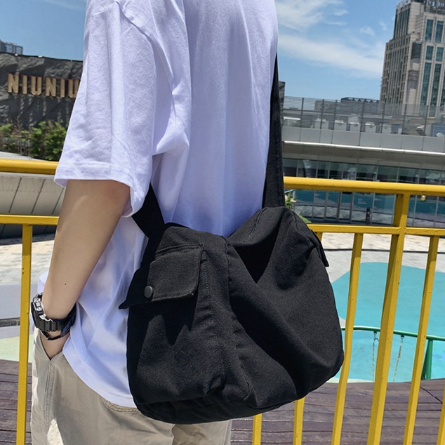 Túi đeo chéo sinh viên vải canvas 2 túi hộp bên hông trẻ trung năng động