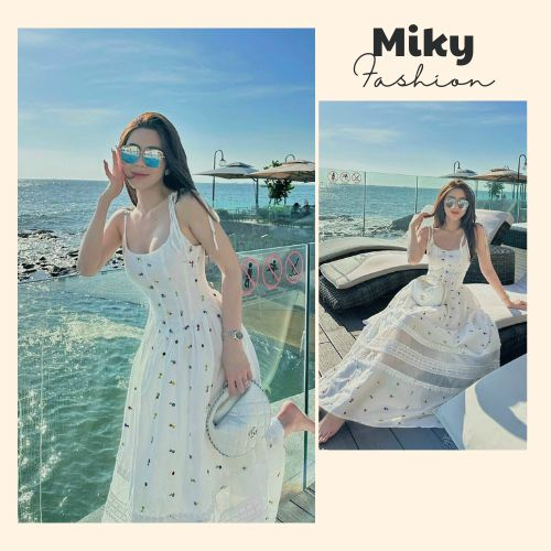 Đầm Váy Maxi Đi Biển Dự Tiệc Dáng Dài Xòe Trễ Vai Chất Vải Thêu Tay Phồng