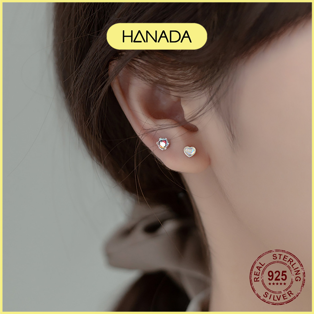 Bông Tai Bạc 925 Hanada Đá Mặt Trăng Chốt Bi Vặn Chắc Chắn Bông Nụ Tim Tròn Đá Ánh Xanh Đơn Giản 1098 D15