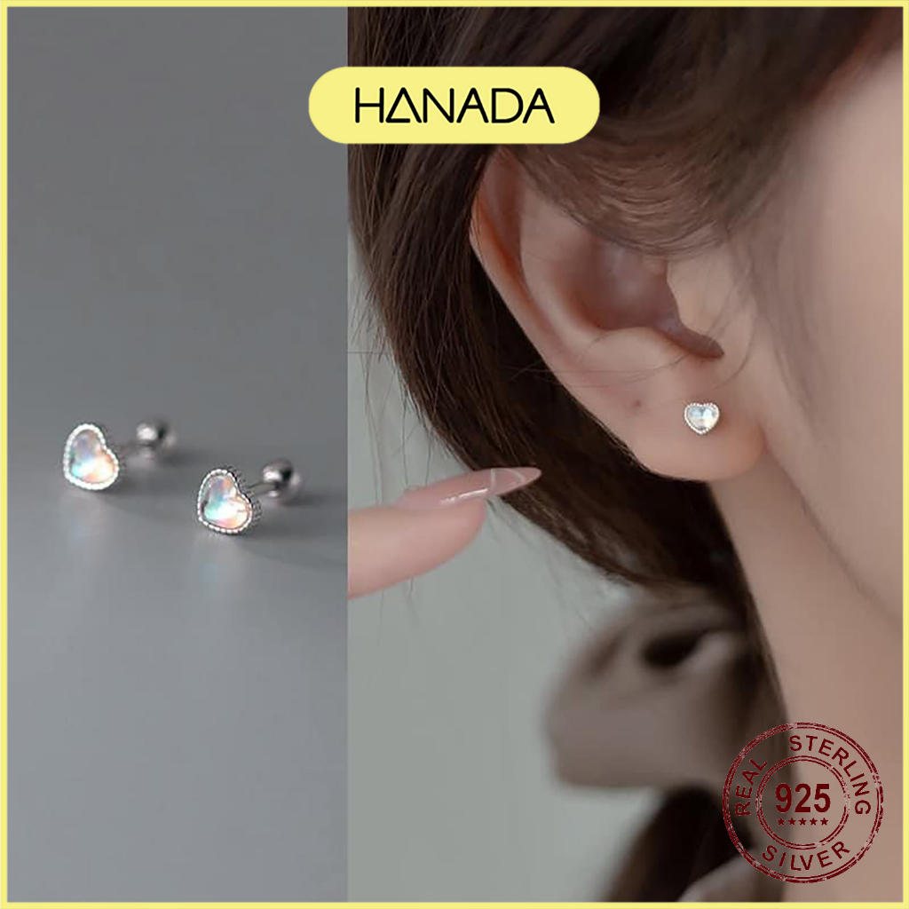 Bông Tai Bạc 925 Hanada Đá Mặt Trăng Chốt Bi Vặn Chắc Chắn Bông Nụ Tim Tròn Đá Ánh Xanh Đơn Giản 1098 D15