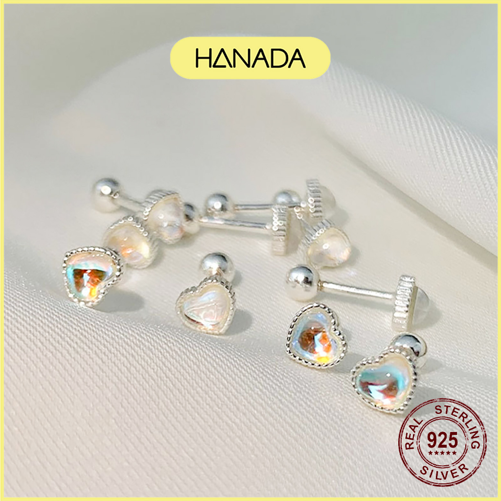 Bông Tai Bạc 925 Hanada Đá Mặt Trăng Chốt Bi Vặn Chắc Chắn Bông Nụ Tim Tròn Đá Ánh Xanh Đơn Giản 1098 D15