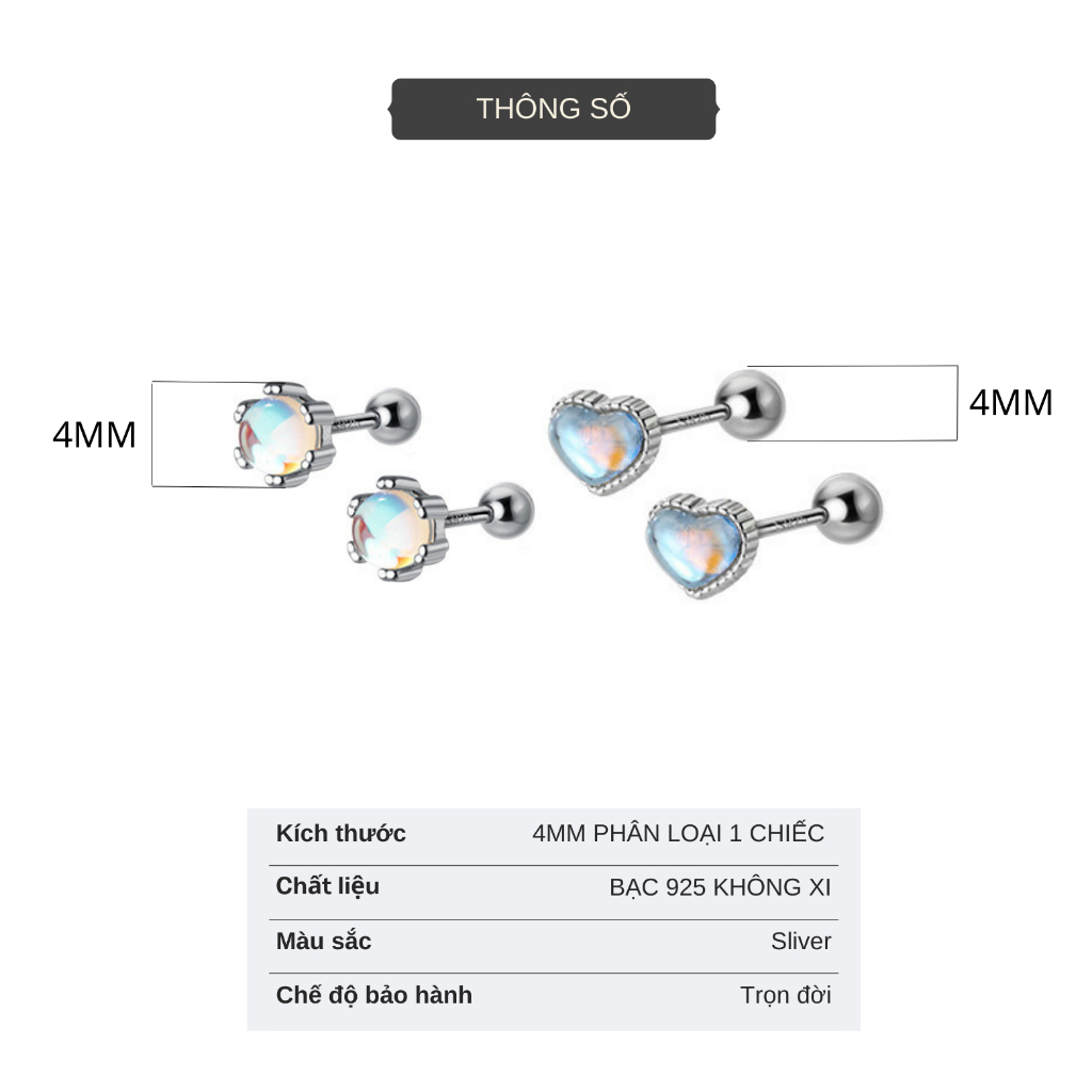 Bông Tai Bạc 925 Hanada Đá Mặt Trăng Chốt Bi Vặn Chắc Chắn Bông Nụ Tim Tròn Đá Ánh Xanh Đơn Giản 1098 D15