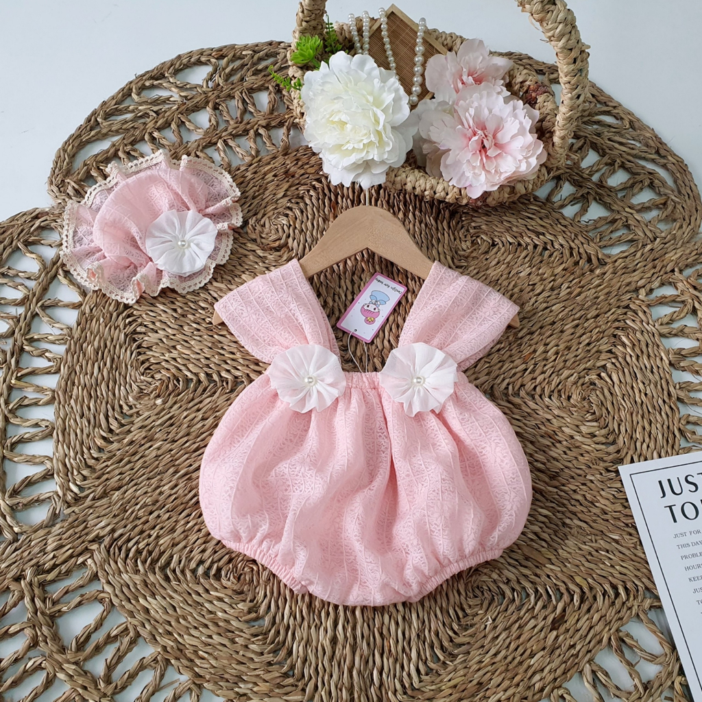 Bodysuit ren Nhật hồng 2 lớp cao cấp Min Boutique. Đồ bé gái sơ sinh, đầy tháng, thôi nôi, sinh nhật, đi tiệc,chụp hình
