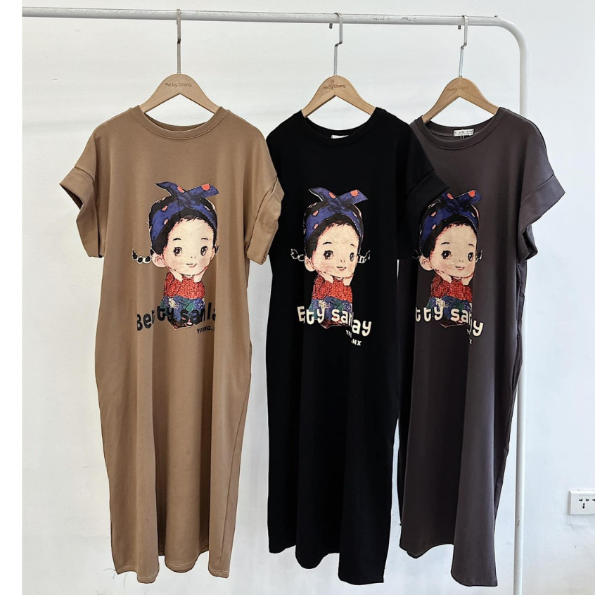 Váy xuông nữ sát nách,váy suông mặc nhà cổ tròn,đầm bầu chất cotton mềm thoáng mát hình cô gái chibi mã SV38 HOASUMO