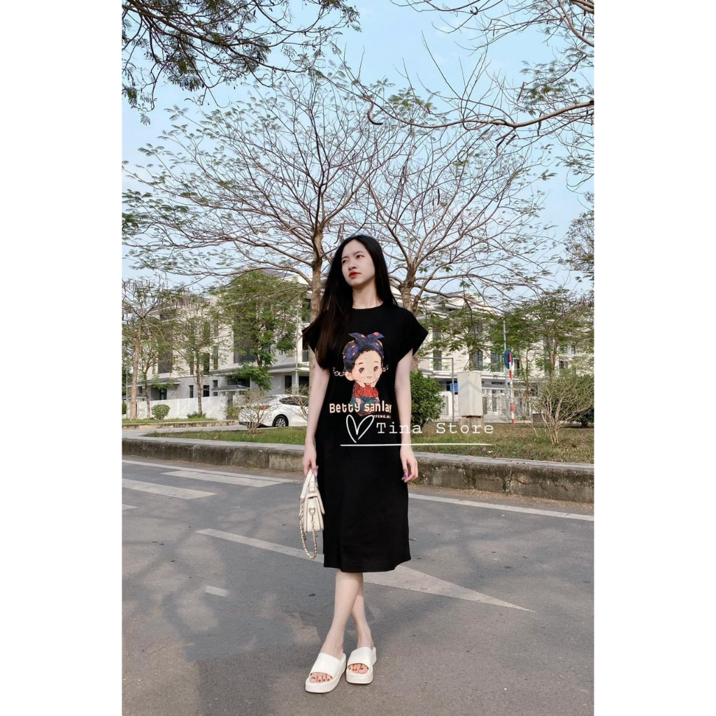 Váy xuông nữ sát nách,váy suông mặc nhà cổ tròn,đầm bầu chất cotton mềm thoáng mát hình cô gái chibi mã SV38 HOASUMO