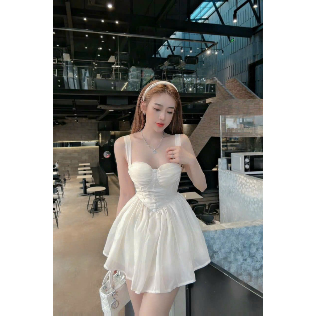 Váy nữ 2 dây bản to voan tơ ánh kim nút bọc From váy xòe siêu xinh, thích hợp cho nàng đi dự tiệc, đi hẹn hò xinh xắn