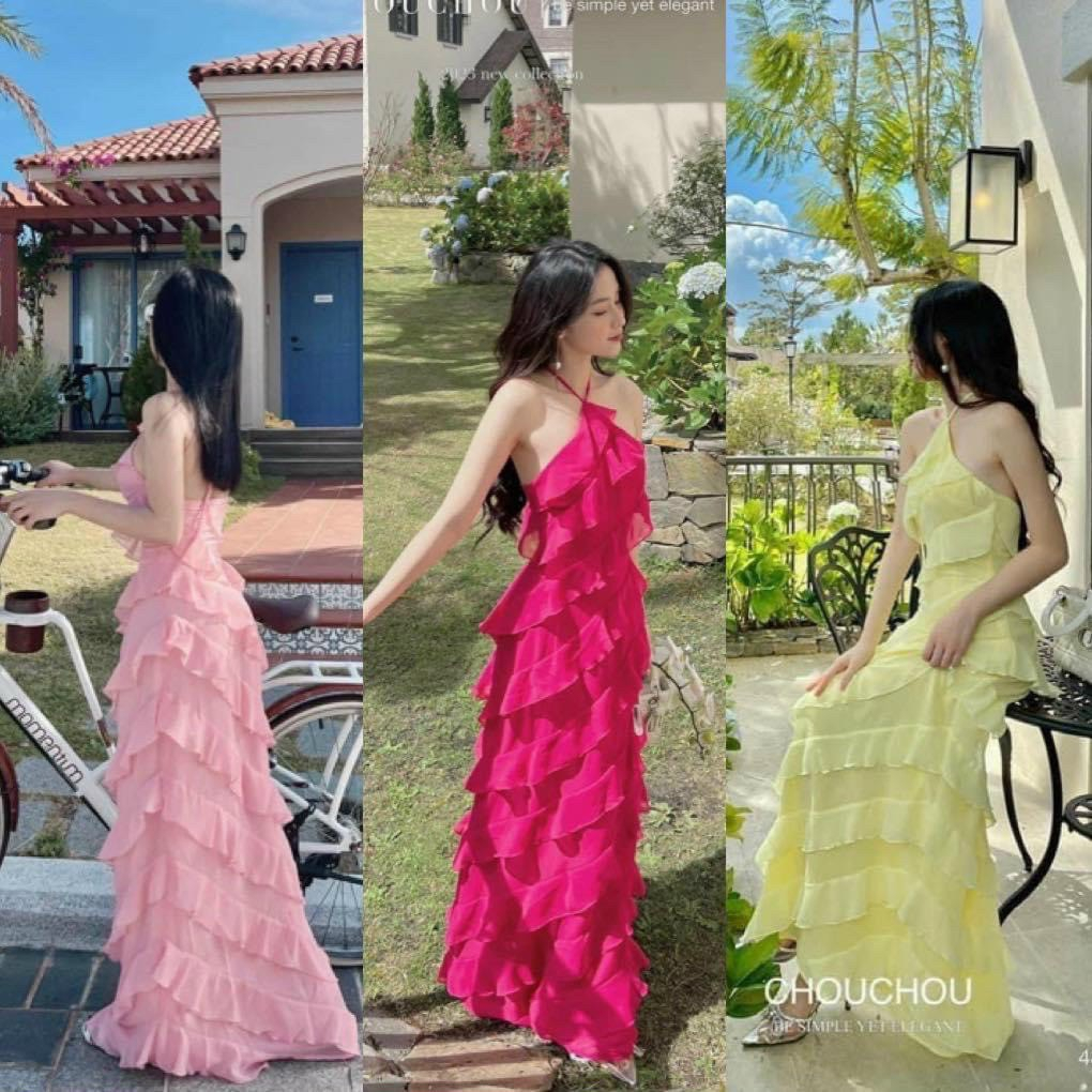 Đầm maxi đi biển voan cổ yếm xoắn bèo có mút, đầm dài đi tiệc cột dây cổ hở lưng chất voan 2 lớp có lót, maxi voan tầng
