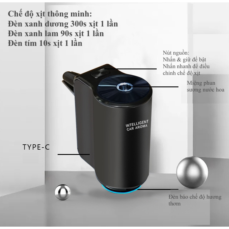 Máy phun sương hương thơm thông minh & cấp ẩm phù hợp cho các dòng xe hơi, ô tô - kẹp khe gió, máy khuếch tán tinh dầu
