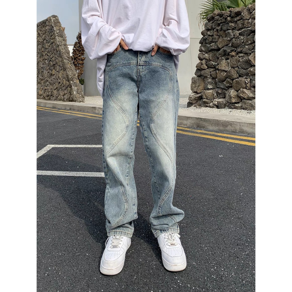 Quần jean Nam nữ phối vân họa tiết sóng mềm mại local brand Miuzi DT155 | BigBuy360 - bigbuy360.vn