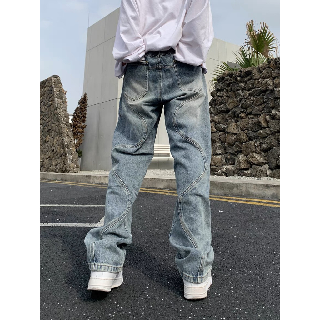 Quần jean Nam nữ phối vân họa tiết sóng mềm mại local brand Miuzi DT155 | BigBuy360 - bigbuy360.vn