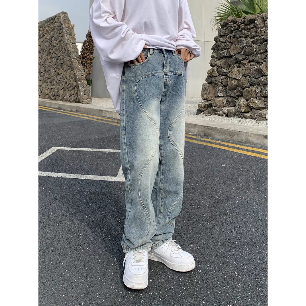 Quần jean Nam nữ phối vân họa tiết sóng mềm mại local brand Miuzi DT155 | BigBuy360 - bigbuy360.vn